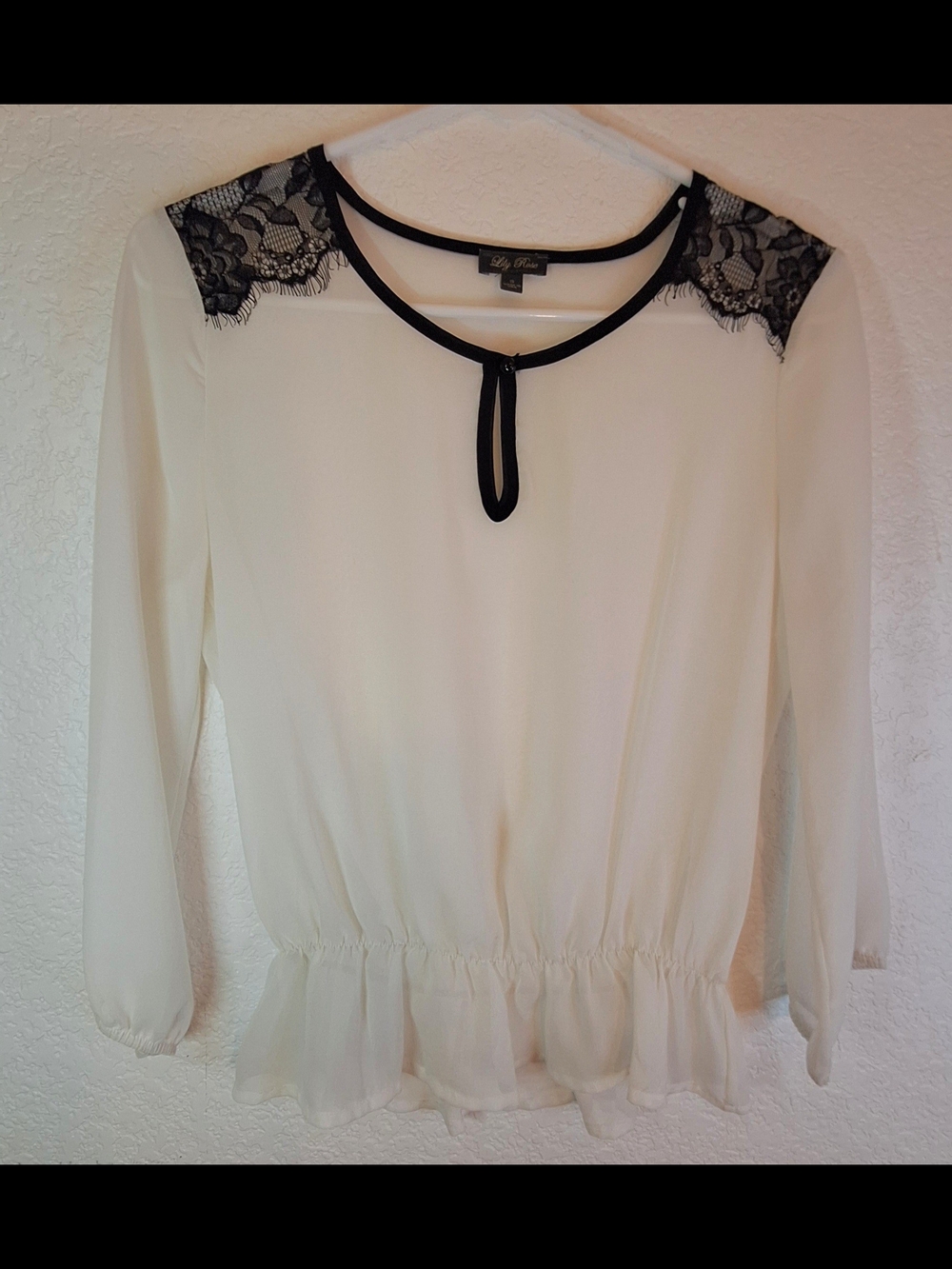 Lily Rose Romantic Chiffon Keyhole Blouse with Black Lace Accents
